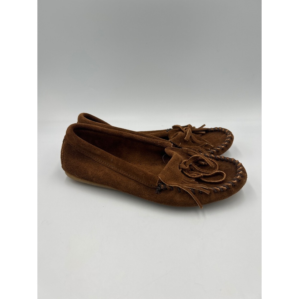 Minnetonka Kiltie Moccasin Suede Brown Fringe Slip On Shoes Womens 6 402 - Picture 3 of 8